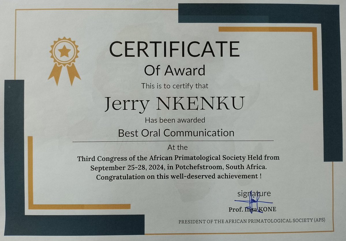 JerryNkenku's tweet photo. Un grand honneur de recevoir le prix de la meilleure présentation orale lors du 3ème Congrès de la Société Africaine de Primatologie @SocietyAfrican

#galago #bushbaby #APS2024 🐒 https://t.co/oUf4H7ronL