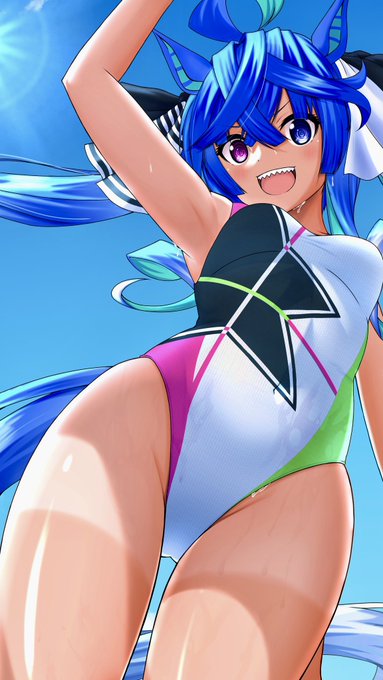 水着のツインターボ冬コミまで原稿制作のため再掲が多くなります。#ウマ娘 #ツインターボ 