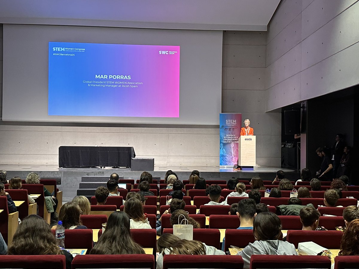 StemwomenEurope's tweet image. 👍⭐️#SWCBarcelona2024 Opening! Second day! #STEMGirls 
Presenter: @RuthGumbau 
WELCOME: @MarPorrasM1 Global President STEM WOMEN Association &amp;amp; Marketing Manager at Ricoh Spain.
@Esade Campus Pedralbes #Barcelona #STEM #Talent #Inspiration
