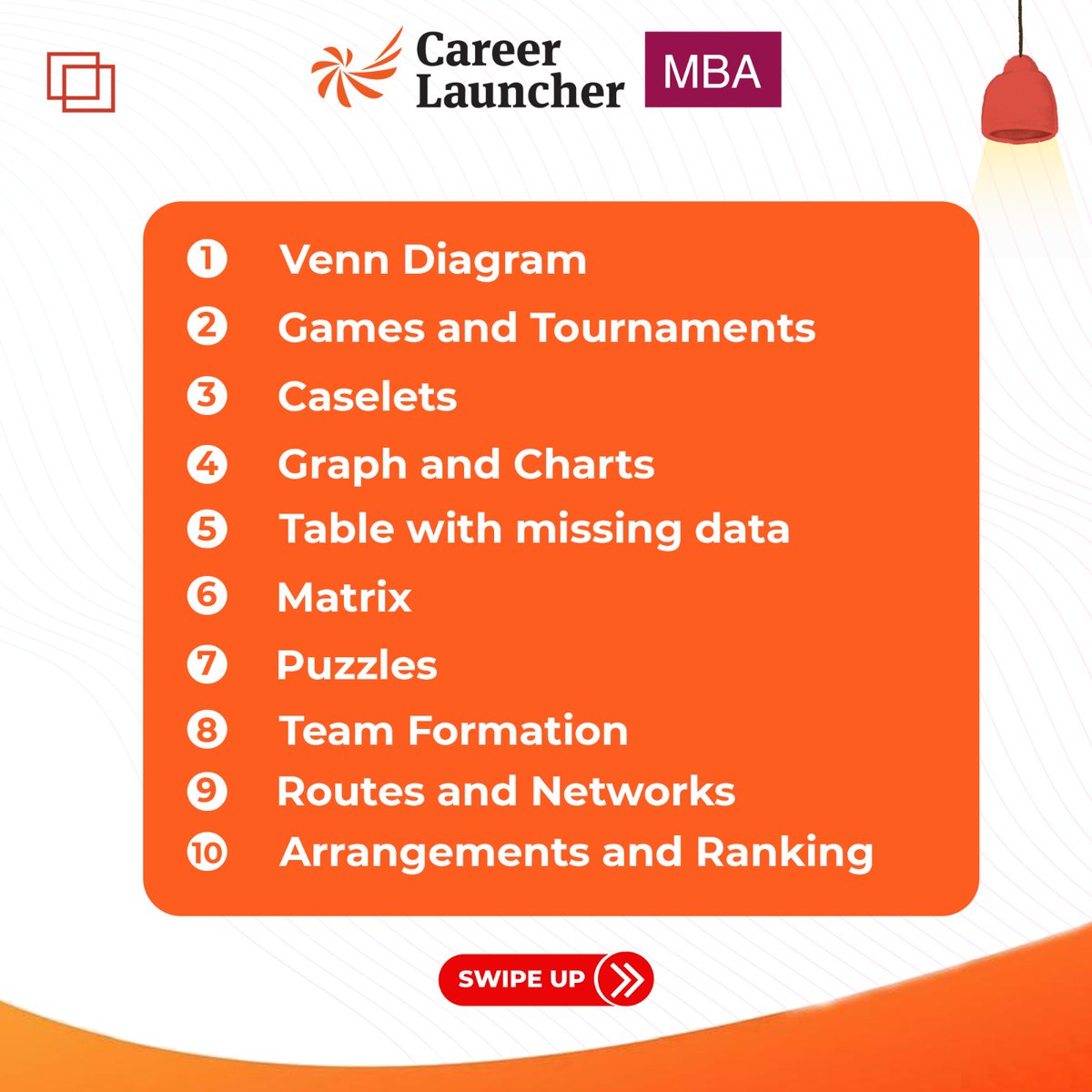 CLMDofficial's tweet photo. Master the essentials! Here are the top 10 must-do LRDI topics to ace the CAT! Get ready to level up your prep  #CATPrep #LRDIBasics #CareerLauncher #AceTheCAT #SmartPreparation #LRDI #TopLRDITopics #CAT2024 #MBAAspirants #StudySmart #CrackTheCAT #careerlaunchermedicalsquare https://t.co/XpUpDl9eVv