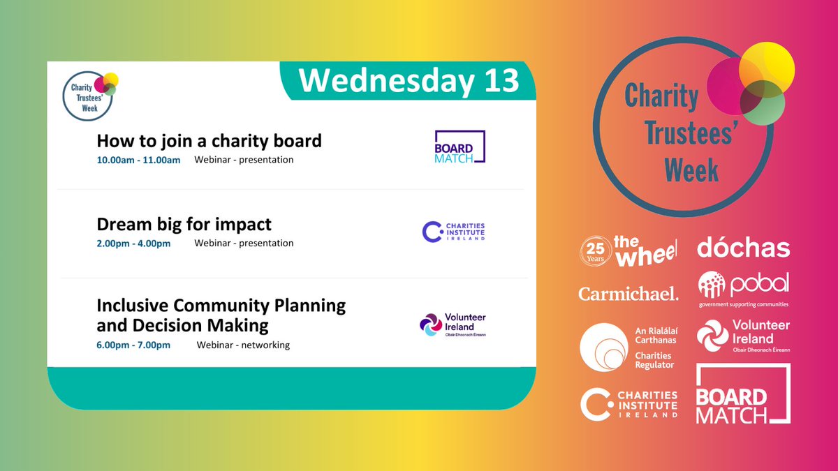 The_Wheel_IRL's tweet photo. DAY 3 of CTW 2024!

Today you can choose from webinars on joining charity boards, dreaming big for impact, or inclusive community planning. You lucky people!

You can find the full week's schedule of events at https://t.co/zH5Od3AiRa

#TrusteesWeekIrl https://t.co/rT1r1cOB5d