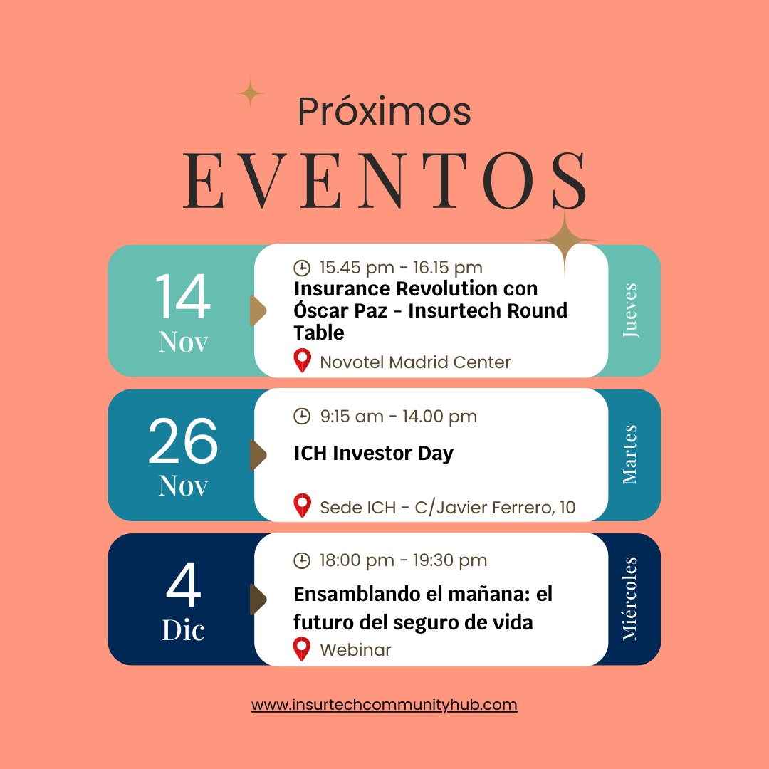 🌟 ¡Prepárate para los próximos eventos de <a href="/InsurtechComHub/">Insurtech Community Hub</a> ! 🌟

📅 14 de noviembre: Insurance Revolution con <a href="/oskarpaz/">Oscar Paz</a>  - Insurtech Round Table
📅 26 de noviembre: #ICHInvestorDay
📅 04 de diciembre: Ensamblando el mañana: el futuro del seguro de vida

insurtechcommunityhub.com/proximos-event…