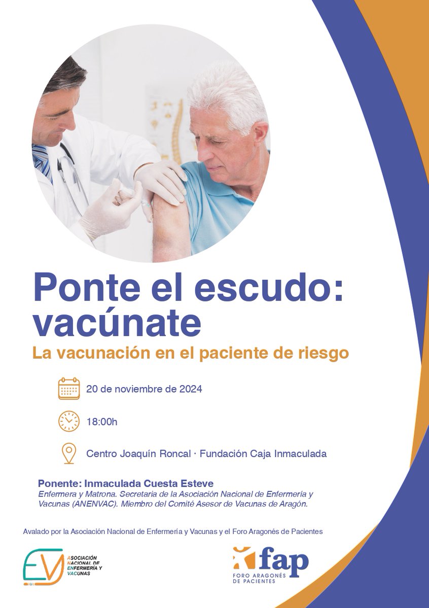 El próximo 20 de noviembre tendrá lugar una interesante charla sobre la importancia de la vacunación en los pacientes de riesgo avalada por la Asociación Nacional de Enfermería y Vacunas y el Foro Aragonés de Pacientes 👇