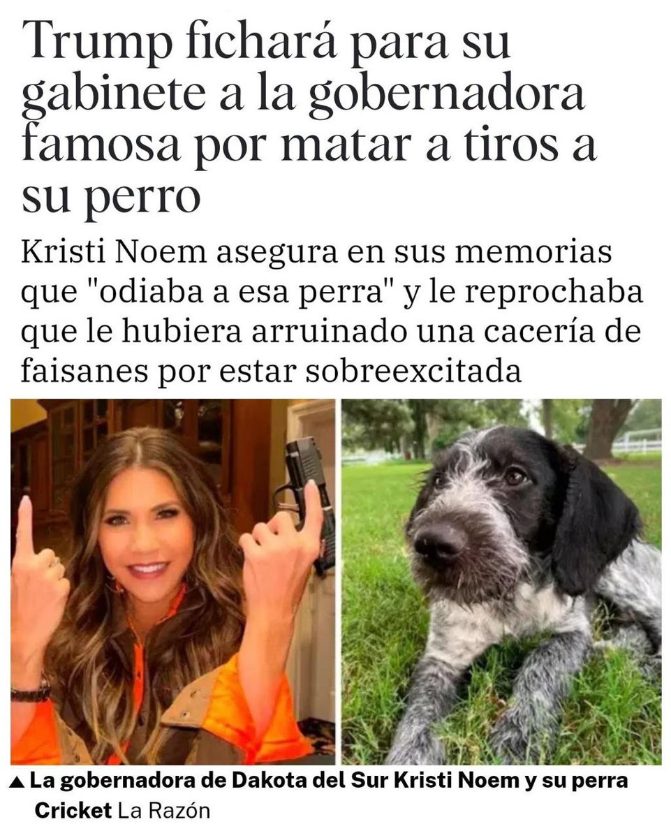 ❌¡Mató a su perra a tiros por arruinarle una cacería y a su cabra por oler mal!

👩‍💼Es Kristi Noem, gobernadora de Dakota del Sur, que ha sido elegida por Trump para que ocupe la Secretaría del Departamento de Seguridad Nacional. Ella misma contó en sus memorias que odiaba a su