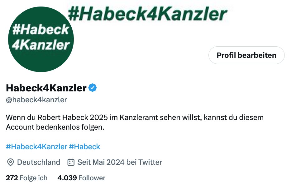 4.000 Follower. Danke an euch alle. 🙏

Alle für das Ziel, dass aus dem Hashtag #Habeck4Kanzler 2025 Realität wird! ✊