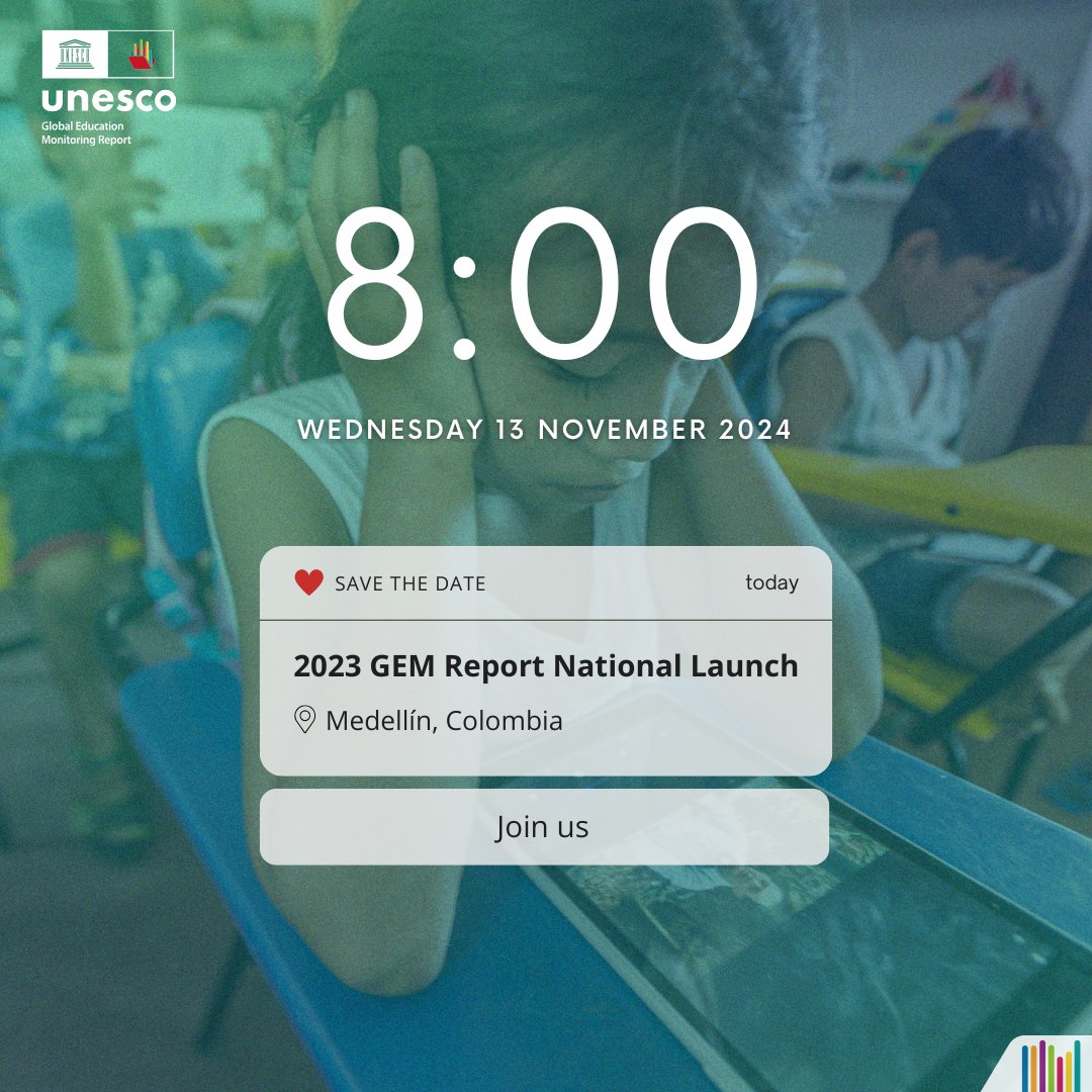 Hoy lanzamos el #InformeGEM2023 en #Colombia en un evento organizado por la <a href="/UNESCOsanjose/">UNESCO San José</a> <a href="/GEMReport/">Global Education Monitoring Report UNESCO</a>  y la <a href="/upbcolombia/">UPB</a>. Durante el evento también se lanzará la nueva Maestría de Innovación Educativa de la UPB.

#TechOnOurTerms

unesco.org/gem-report/es/…