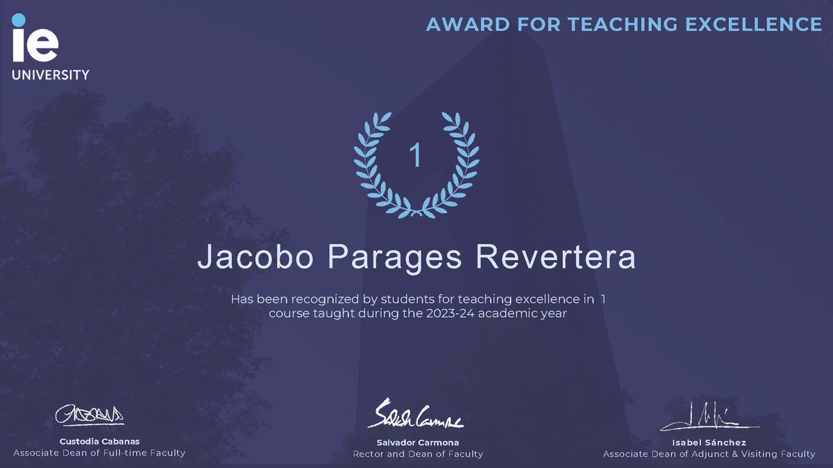 Jacobo Parages (@jacoboparages) on Twitter photo "Enseñar no es llenar un vaso, es encender una llama"
Por 8º año, recibo el diploma de Excelencia Docente de <a href="/IEUniversity/">IE University</a> Muy especial pues viene del voto directo de mis alumnos. Saber que encuentran en mis clases inspiración es un regalo. Gracias!
#Docencia #Educación "Enseñar no es llenar un vaso, es encender una llama"
Por 8º año, recibo el diploma de Excelencia Docente de <a href="/IEUniversity/">IE University</a> Muy especial pues viene del voto directo de mis alumnos. Saber que encuentran en mis clases inspiración es un regalo. Gracias!
#Docencia #Educación