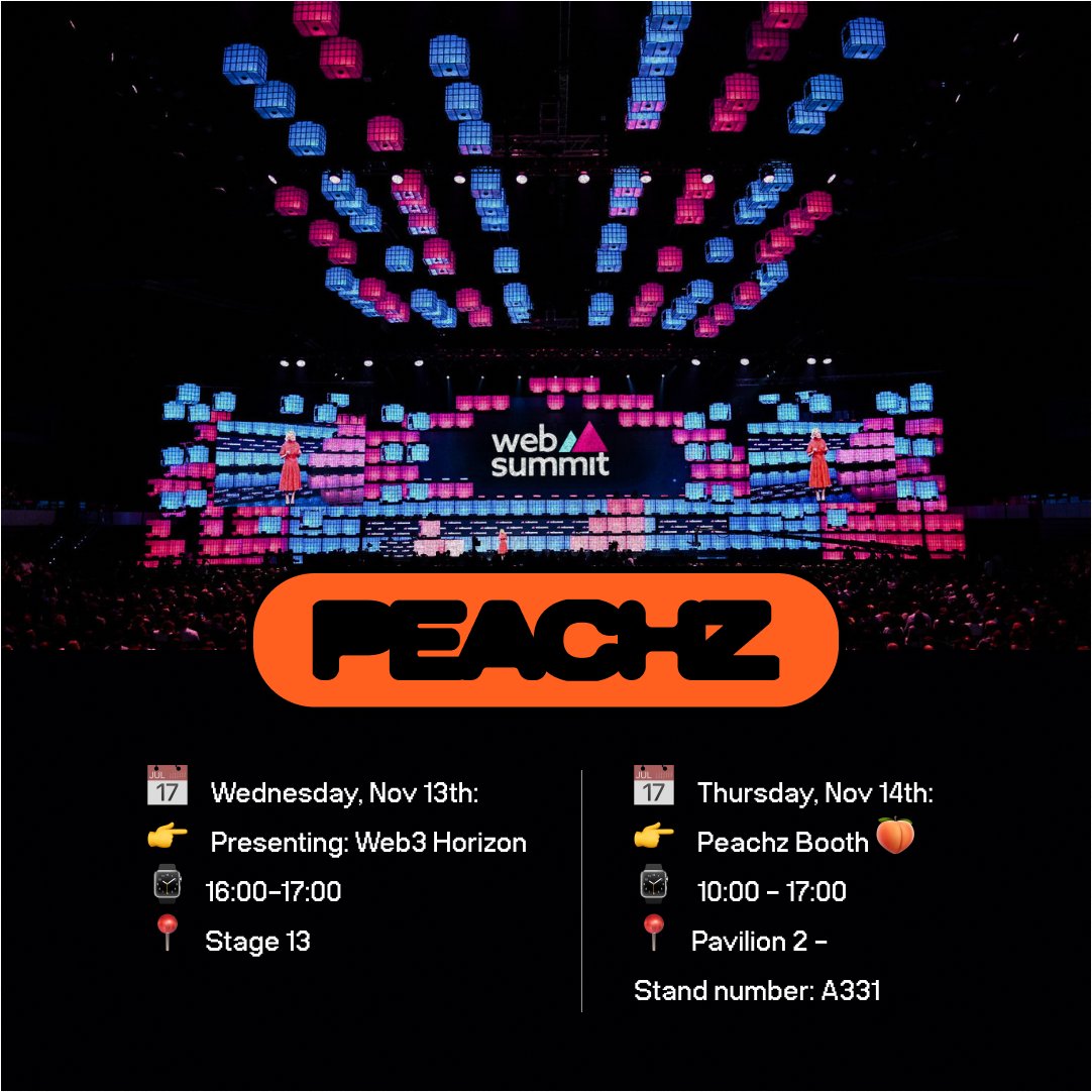 The Peachz team is at <a href="/WebSummit/">Web Summit</a> —come say hi, grab some merch, and learn more about how we’re helping electronic music artists get paid fairly for their contributions to the culture.

📅 Wednesday, Nov 13th:
👉 Our CEO, <a href="/rahimchatts/">R. Rahim Chattaika Jr.</a> , is presenting: Web3 Horizon
⌚ 16:00 - 15:00