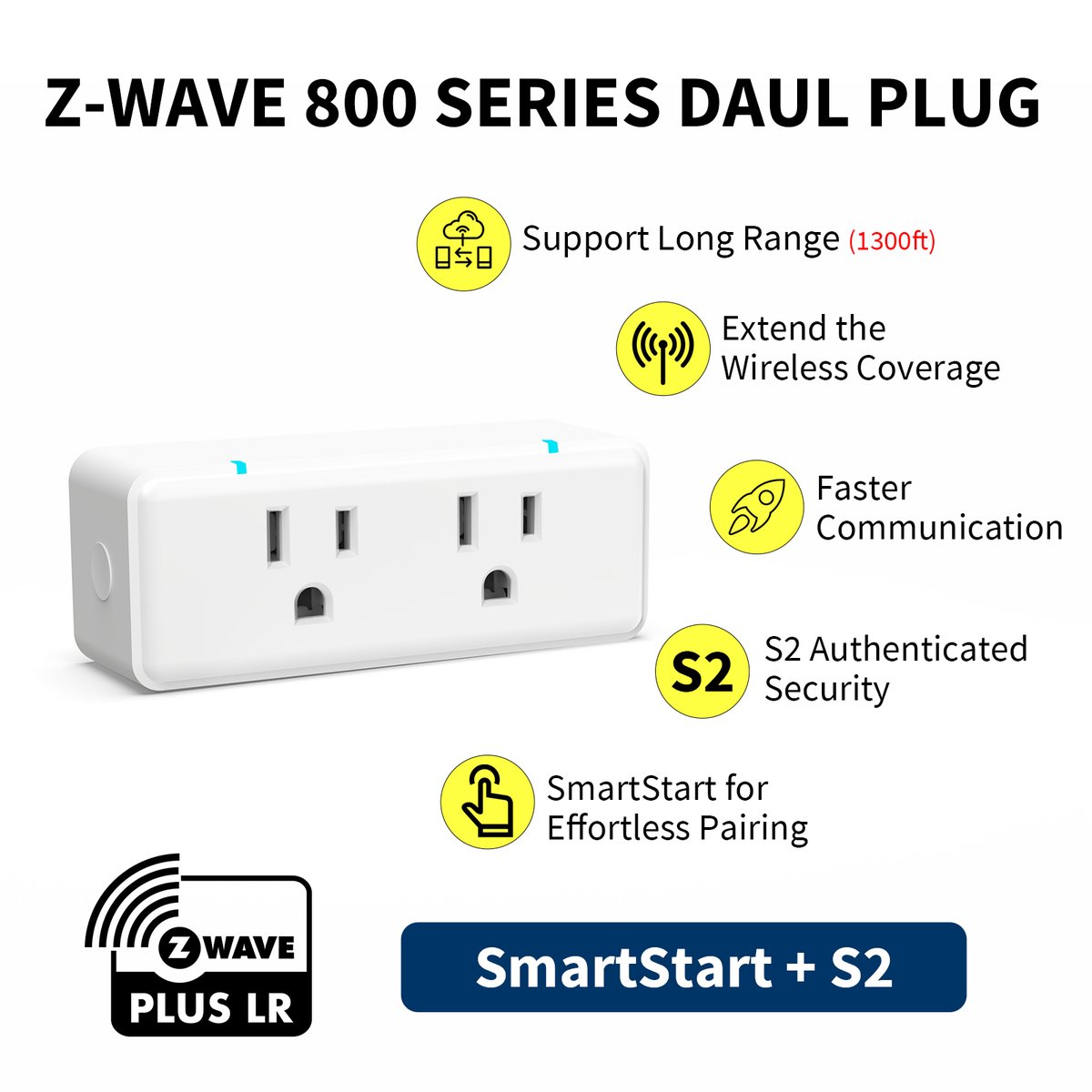 The 800 Series Z-Wave Dual Outlet Plug offers dual independent control and a built-in Z-Wave repeater for better connectivity. 
#zwaveplug #zwaveoutlet #zwaveswitch #zwavesocket #plugin #smartplug #smartswitch #IOT #smarthome #zwaveLongRange #Zwave800Series #homeAutomation