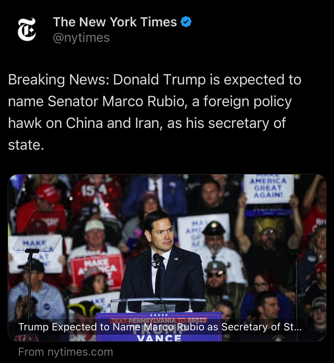 TulsiPotus's tweet image. Don&apos;t trust the New York Times, #MarcoRubio has not been yet announced US Secretary Of State.

Tulsi Gabbard is expected to be called for #TulsiForSOS #TulsiForSOSUSA 
#TulsiGabbard #NoRubio @realDonaldTrump #TrumpCabinet