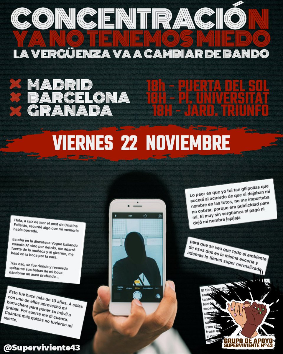 Superviviente43's tweet photo. CONCENTRACIÓN
Ya no tenemos miedo, la vergüenza va a cambiar de bando!

Viernes 22 de noviembre
18h. Madrid, Sol.
18h. Barcelona, Pl. Universitat.
18h. Granada, Jard. triunfo.

En apoyo a las supervivientes de los hermanos Ayax y Prok!
#LasSupervivientes

https://t.co/q6JTmaBRUA https://t.co/g3ievToc4B
