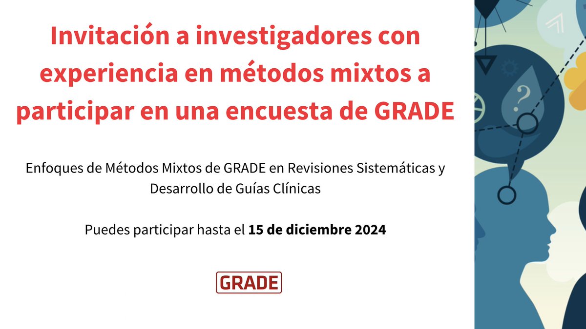 CochraneIberoamerica (@cochraneiberoam) on Twitter photo ¿Tienes experiencia de investigación en métodos mixtos y quieres colaborar en un estudio para impulsar la metodología GRADE?
📆 15 de diciembre
👉 Participa aquí: sbee.link/qexvyg3arf
<a href="/GRADE_WG/">GRADE Working Group</a> <a href="/schunemann_mac/">Holger Schünemann</a> <a href="/76Juano/">Juan Jose Yepes-Nuñez</a> <a href="/valli_claudia/">Claudia Valli</a> ¿Tienes experiencia de investigación en métodos mixtos y quieres colaborar en un estudio para impulsar la metodología GRADE?
📆 15 de diciembre
👉 Participa aquí: sbee.link/qexvyg3arf
<a href="/GRADE_WG/">GRADE Working Group</a> <a href="/schunemann_mac/">Holger Schünemann</a> <a href="/76Juano/">Juan Jose Yepes-Nuñez</a> <a href="/valli_claudia/">Claudia Valli</a>