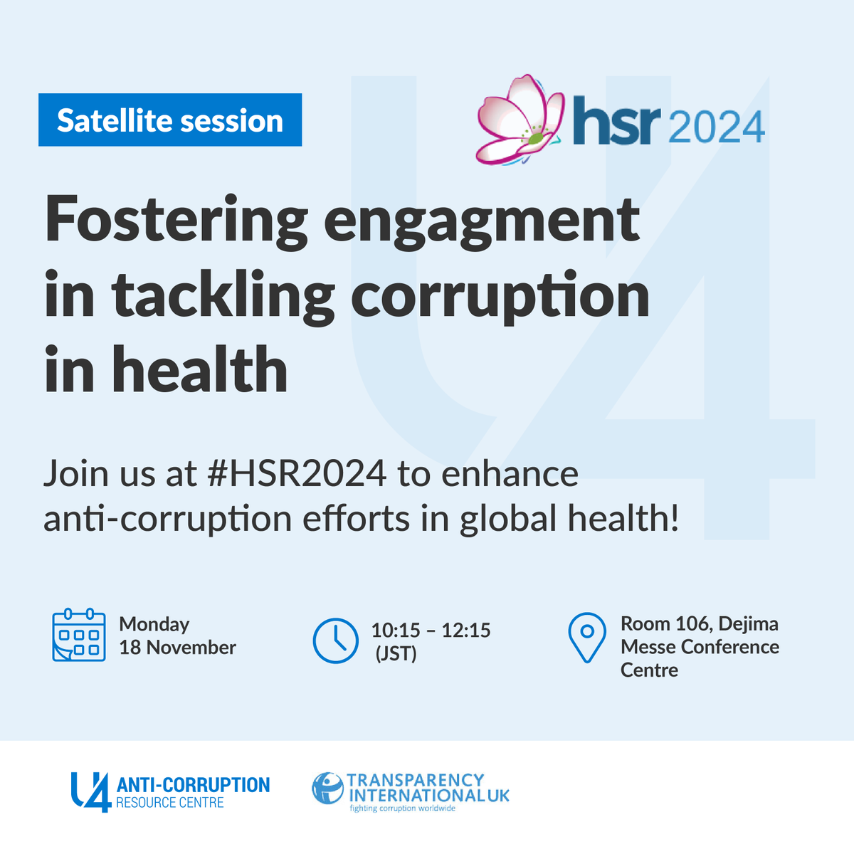 U4_ACRC's tweet photo. 🌏 Join us at #HSR2024 to enhance anti-corruption efforts in global health! We’re partnering with @TransparencyUK to collaboratively develop strategies that advance Anti-Corruption, Transparency, and Accountability (ACTA) in health systems. https://t.co/fOKj5v8fOx