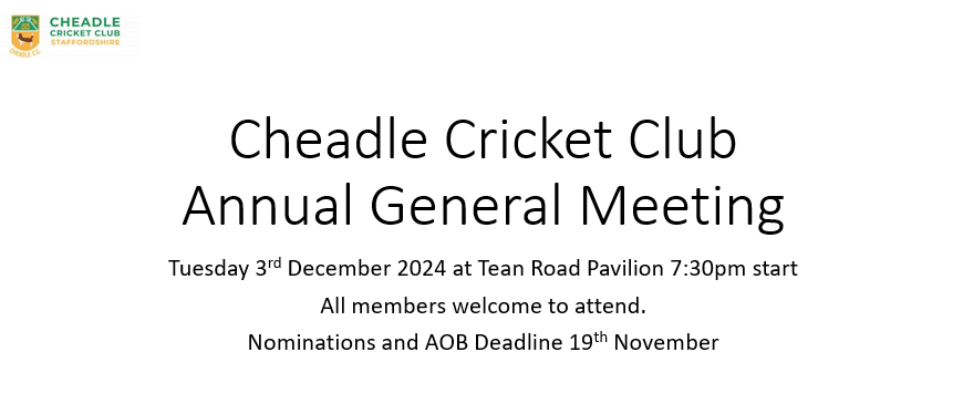 Cheadle CC Staffs (@cheadleccstaffs) on Twitter photo Cheadle CC's AGM details below. Nomination sheet is on the notice board for the general committee. If you have AOB please send to chair.cheadlecricketclub@gmail.com. Cheadle CC's AGM details below. Nomination sheet is on the notice board for the general committee. If you have AOB please send to chair.cheadlecricketclub@gmail.com.