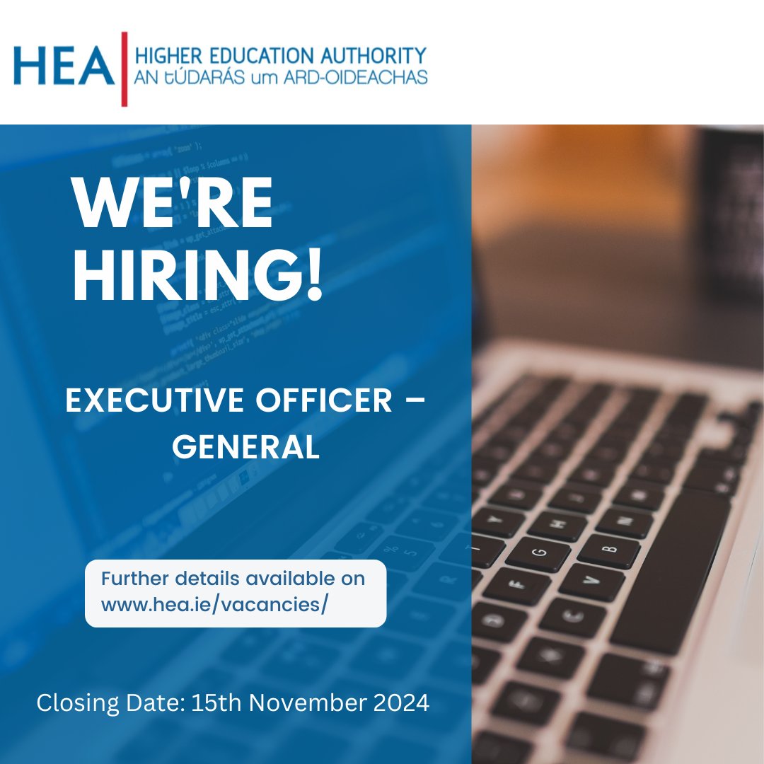 hea_irl's tweet image. We're hiring!

*Last week to apply*

Open competition for appointment to position of:

Executive Officer – General

Location: 3 Shelbourne Buildings, Shelbourne Road, Dublin 4

Closing Date: 5pm, 15th November 2024

Email: eorecruit@hea.ie
Contact: Mark Carroll