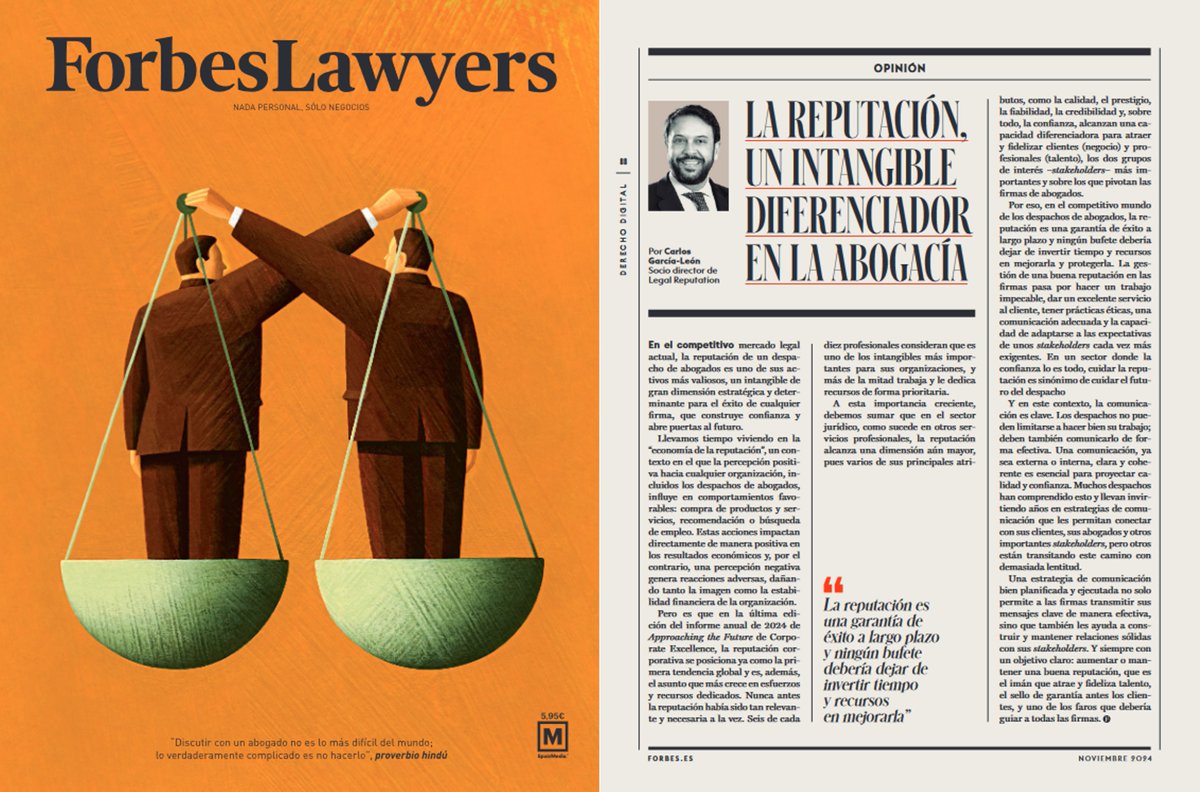 Nuestro socio director, <a href="/cgarcialeon/">Carlos García-León</a>, reflexiona en la revista <a href="/Forbes/">Forbes</a> sobre la importancia de la #reputación como intangible diferenciador en la abogacía, siendo la piedra angular de los despachos porque determina la confianza de clientes y profesionales. #comunicación #abogados