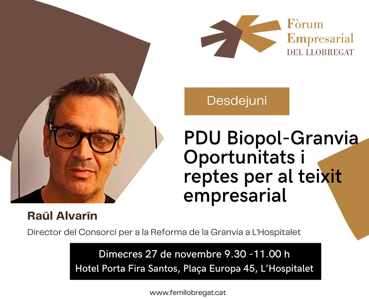 Fòrum Empresarial del Llobregat (@femllobregat) on Twitter photo 👉 Desdejuni amb <a href="/AlvarinRaul/">Raul Alvarín</a>, director del Consorci per a la Reforma de la Granvia a L'Hospitalet
📆 27 de novembre
⏰ 9.30 - 11.00 hores
📍 Hotel Porta Fira Santos, Plaça Europa 45, L'Hospitalet de Llobregat
📲 femllobregat.cat/activitats-det…
#DesdejunisFòrum 👉 Desdejuni amb <a href="/AlvarinRaul/">Raul Alvarín</a>, director del Consorci per a la Reforma de la Granvia a L'Hospitalet
📆 27 de novembre
⏰ 9.30 - 11.00 hores
📍 Hotel Porta Fira Santos, Plaça Europa 45, L'Hospitalet de Llobregat
📲 femllobregat.cat/activitats-det…
#DesdejunisFòrum