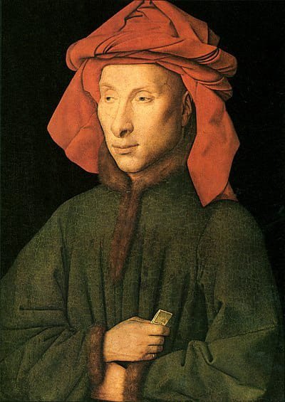 Tero99's tweet photo. bien pudiera haber querido mostrarse en una madurez plena y consciente de sus habilidades, dando el paso de artesano a artista. 
El turbante, capucha o gorro, fue un tocado usado en Europa occidental durante la Edad Media, llamado chaperón. 
🖌 Van Dyck y Roger van der Weyden https://t.co/rS6k4R5Cq5
