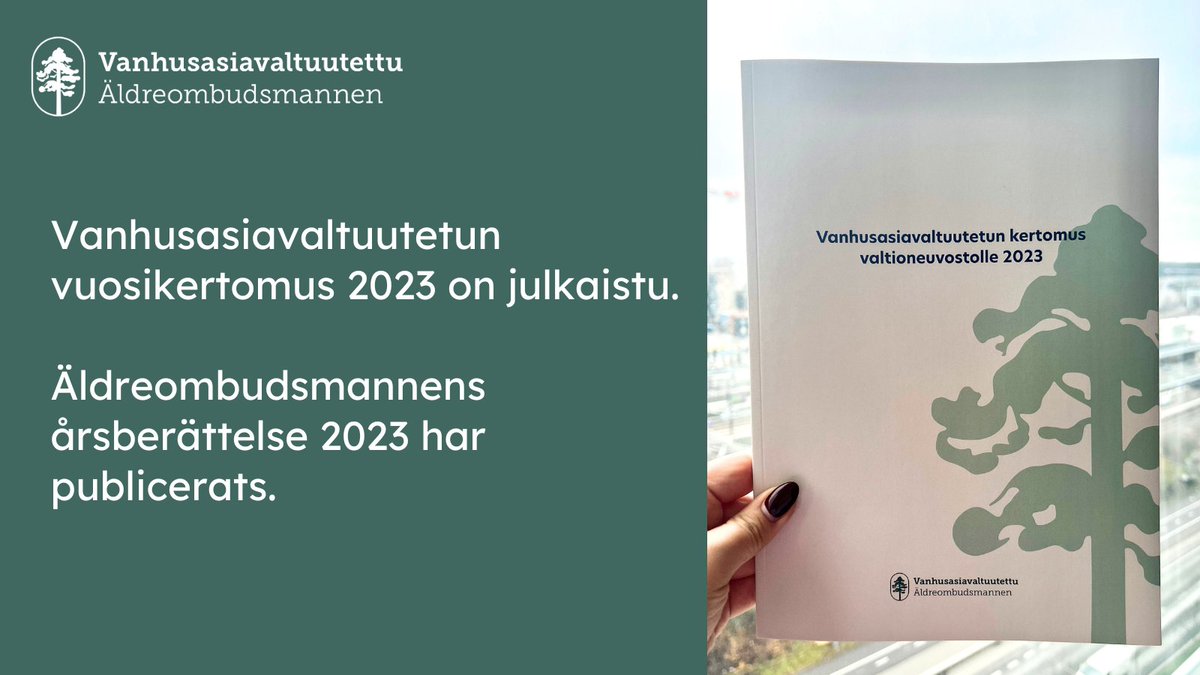 📣 Vanhusasiavaltuutetun vuosikertomus 2023 on julkaistu.

Vuosikertomuksessa on tietoa siitä, miten vanhusasiavaltuutettu on edistänyt toiminnassaan ikääntyneiden asemaa ja heidän oikeuksiensa parempaa toteutumista. 1/2