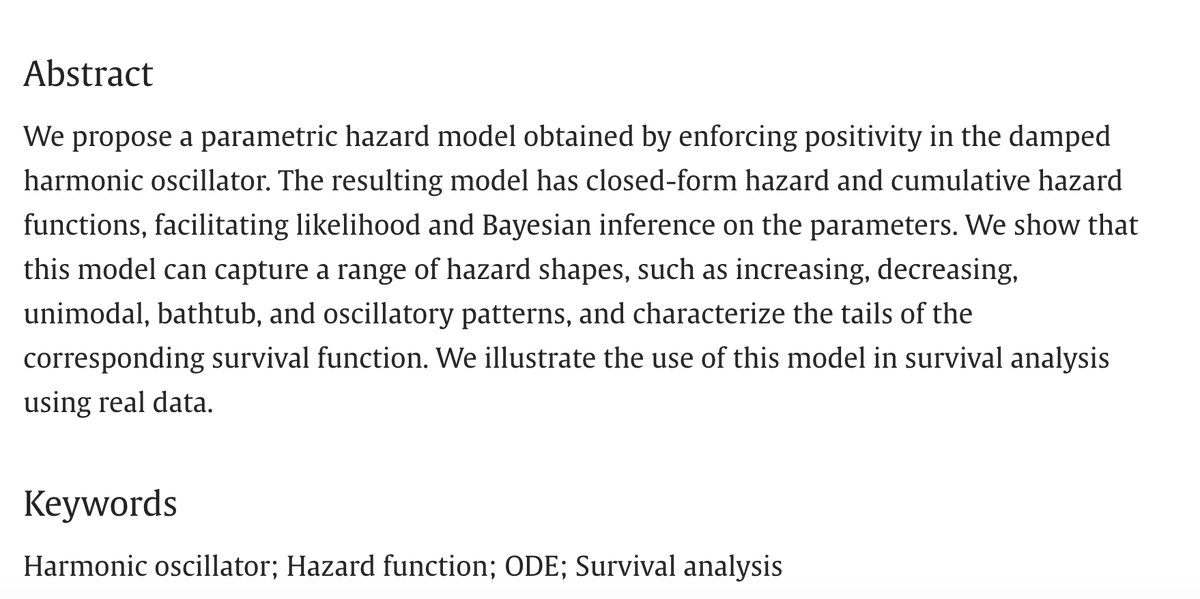 F. Javier Rubio (@fjavierrubio1) on Twitter photo My short paper with JA Christen
"On harmonic oscillator hazard functions"
has been accepted for publication in Statistics & Probability Letters. <a href="/SPLetters_j/">S&P Letters 🦋 @spletters.bsky.social</a>
doi.org/10.1016/j.spl.…
R #rstats code and data can be found at:
github.com/FJRubio67/HOH My short paper with JA Christen
"On harmonic oscillator hazard functions"
has been accepted for publication in Statistics & Probability Letters. <a href="/SPLetters_j/">S&P Letters 🦋 @spletters.bsky.social</a>
doi.org/10.1016/j.spl.…
R #rstats code and data can be found at:
github.com/FJRubio67/HOH