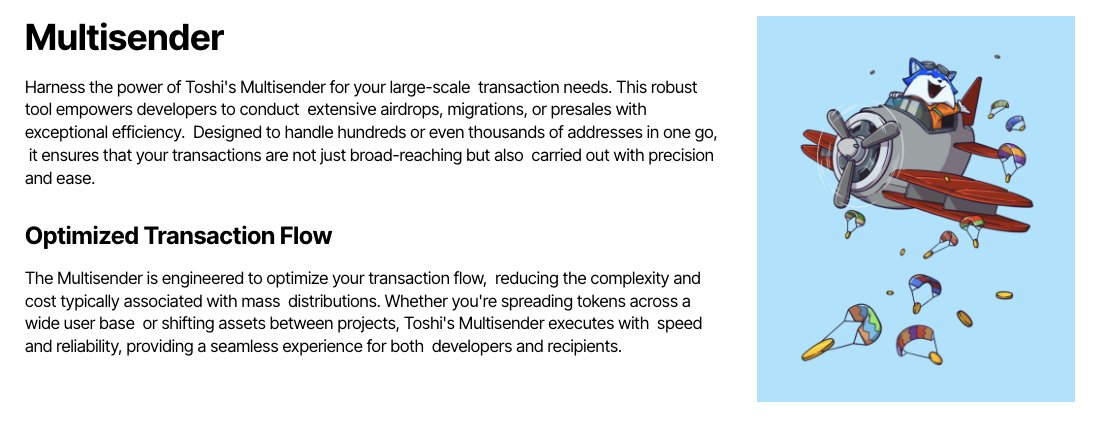 cryptoincogtito's tweet photo. 10/ The Multisender feature allows efficient handling of large-scale transactions, streamlining processes like token rewards across hundreds of addresses, token migration, and more, making it accessible for builders.  #Toshi #ToshiTools #BuildOnBase https://t.co/MWHQ5aRgc5