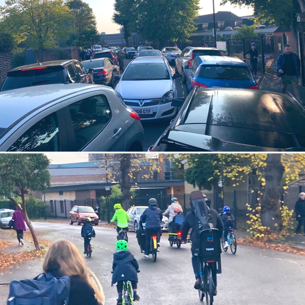 CleanAirDulwich's tweet photo. If a school street (&amp; nearby Dulwich Square filter) can make this much difference, imagine what a network of safe cycling routes across the whole of @lb_southwark could achieve!

#DulwichModalShift #KidsOnBikes #CarFreeSchoolRun #BuildItAndTheyWillCome https://t.co/QlwhMwFKWM