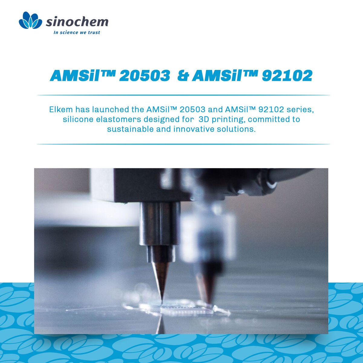 SinochemNews's tweet photo. #GoodProductsinSinochem
Elkem, a subsidiary of Sinochem Holdings, has launched the AMSil™ 20503 and AMSil™ 92102 series, silicone elastomers designed for 3D printing. The company supports industrial 3D printing through digital manufacturing, committed to sustainable and innovative solutions.🥳