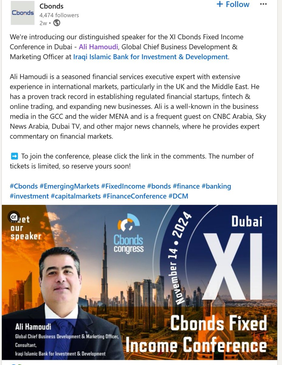 AHamoudi1's tweet image. XI #Cbonds #Fixed_Income Conference #Dubai 14th Nov
#bonds_GlobalCbonds #EmergingMarkets #FixedIncome #Bonds #Dubai #investment #capitalmarkets #FinanceConference #DCM #Banking #Private_Banking #Trump2024