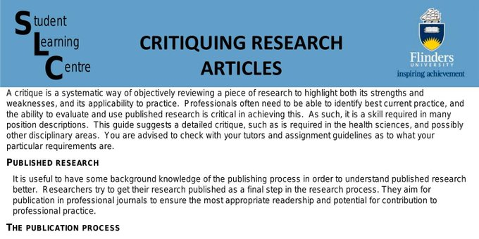 دليل رائع لنقد وتقييم الأبحاث العلمية. الدليل يقدم الغرض من كل قسم في الأوراق البحثية ويعرض مجموعة أسئلة تسهل عليكم نقد وتقييم كل قسم (مناسب للمبتدئين وطلبة الجامعات). 
docdroid.net/F3u9AhA/critiq…
