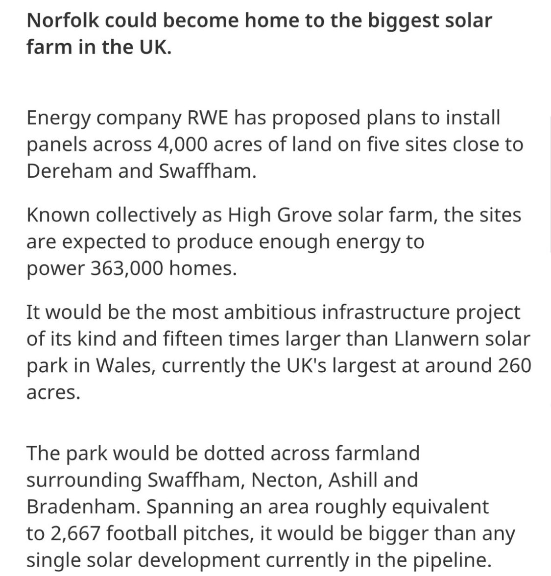 German renewable company RWE plans to install the biggest solar farm in the UK across 4,000 acres of land in Norfolk. 

The UK government’s GB Energy = giving huge contracts to foreign corporations to asset grab British prime farmland by plastering solar panels on it.