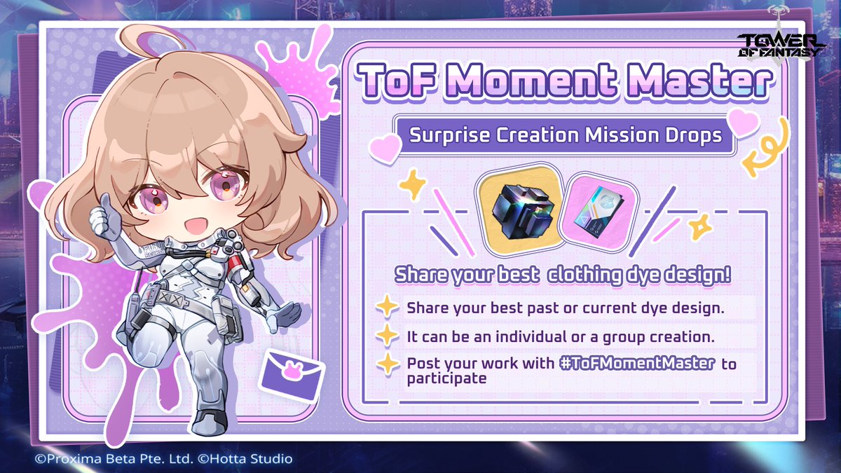 ToF_EN_Official's tweet image. #ToFMomentMaster Surprise Creation Mission Drops 🎨✨

What's your favorite dyed outfit creation❓
Share your unique style and creativity with us. 👗

For detailed event rules, please check: toweroffantasy-global.com/news-detail.ht…

#TowerofFantasy