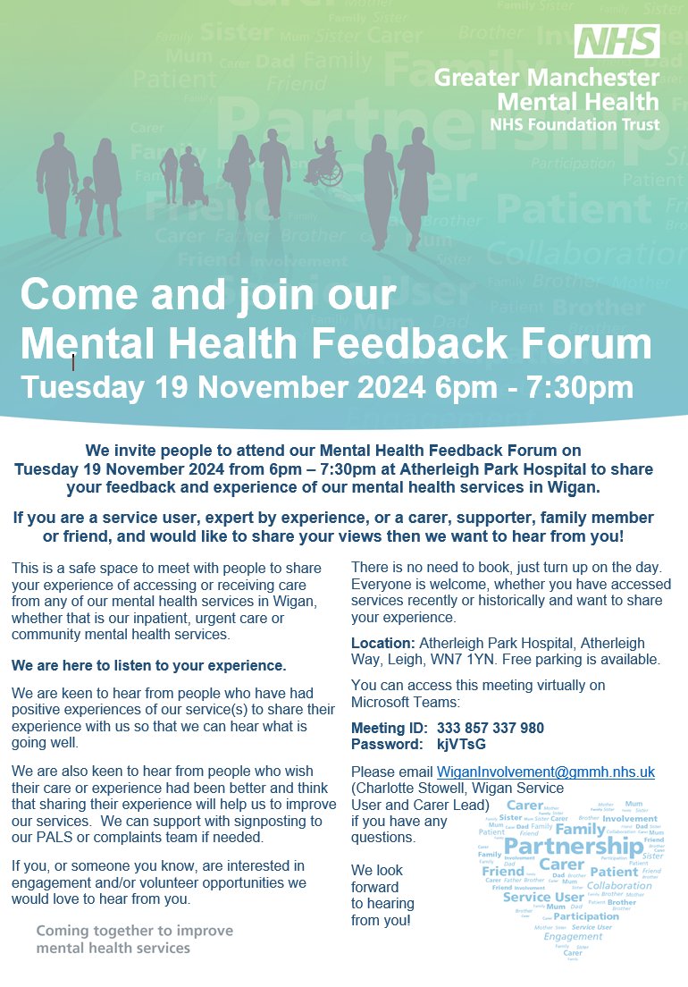 NeilGraceGMMH's tweet photo. Calling all service users and carers accessing services through @GMMH_NHS across Wigan &amp; Leigh 👇 

Please see below for a fantastic opportunity to support service improvements and share your views.     
  
#GMMHGetInvolved https://t.co/nprFrIqEkP