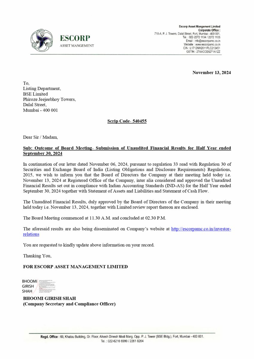 nileshkurhade's tweet photo. 📌 Escorp Asset Management Ltd informed the exchange about its approval for the financial results for the half year ended September 30, 2024. #SME #ESCORP 📄🧾 https://t.co/QdwTQnksDn