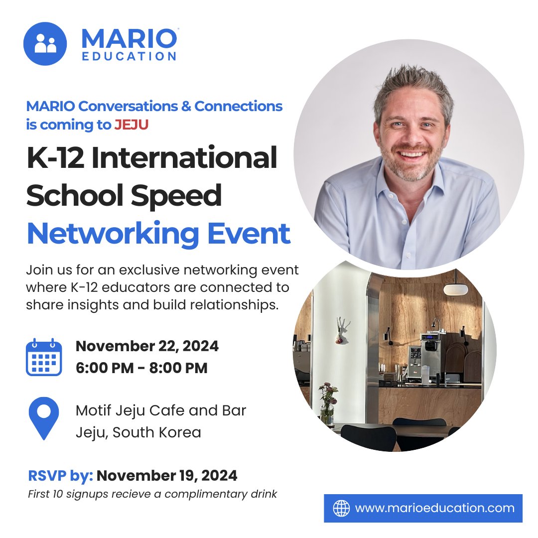 marioeducation's tweet image. Networking Alert! Join MARIO Education in Jeju Island to connect with fellow K-12 educators! First 10 signups at each venue get a complimentary drink so reserve your spot now! See you there! #MARIONetwork #NetworkingEvents #EducatorNetworking