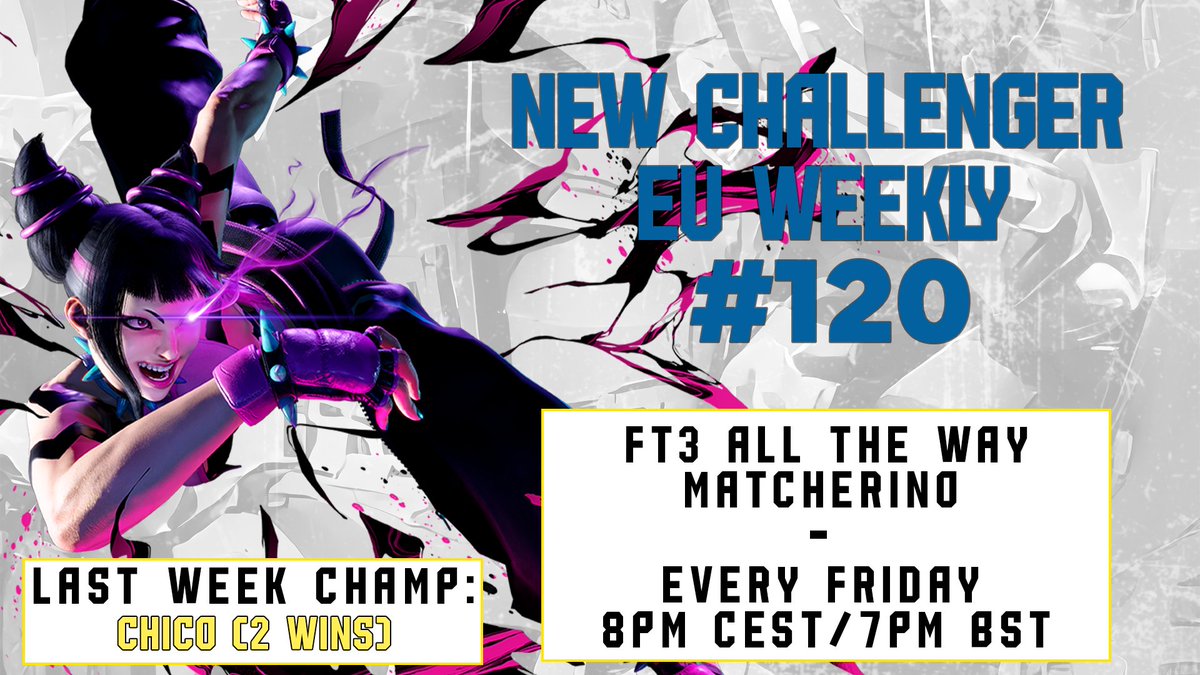 You can now sign-up for NCH EU Weekly#120!
  
🗓️Friday 15.11.2024 8PM CET / 7PM BST 
🗺️EU Online  
📝newchallenger.challonge.com/NchEu120
💰matcherino.com/t/ncheu120 (🚨Coupons available)
🗨️Discord:  discord.gg/NewChallenger 

Thanks for reading, have a blessed day  #SF6 #FGC