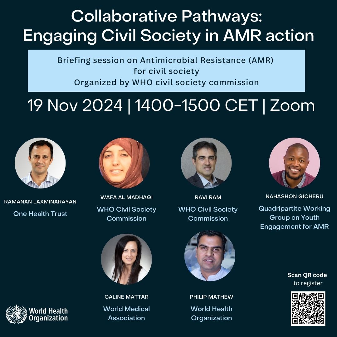 globalamrmedia's tweet photo. #WorldAMRawarenessWeek

#HappeningTomorrow (19/11): Collaborative Pathways: Engaging Civil Society in #AMR action- Briefing Session on #AntimicrobialResistance for civil society groups

Org. by: @WHO Civil Society Commission &amp; WHO AMR Division

Register👇 https://t.co/fPl1CVNESP https://t.co/WxCPtFhveE