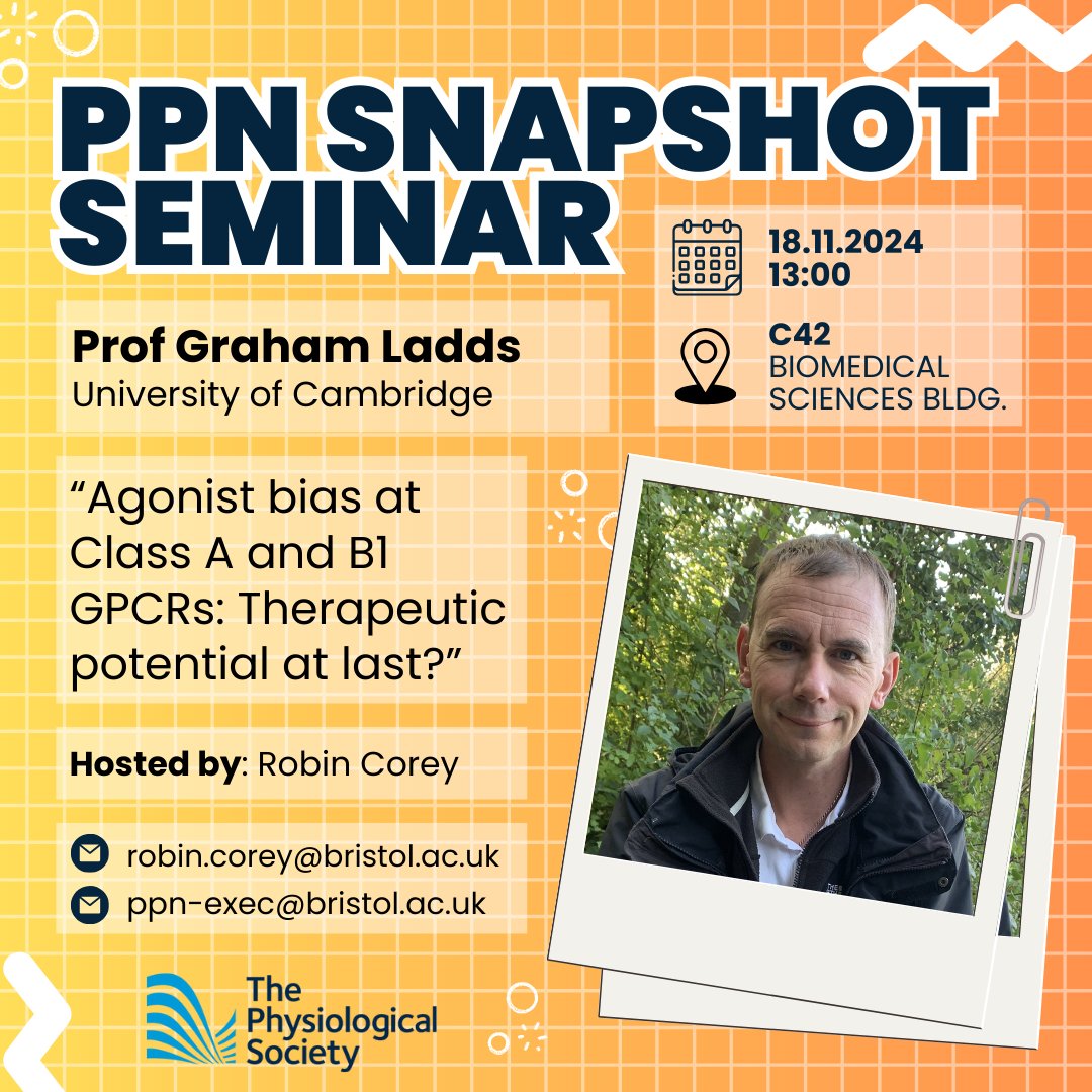 University of Bristol School of PPN (@uobppn) on Twitter photo 🚨 Join us at 1PM on Mon 18th Nov. in C42 of BSB for University of Cambridge's Prof Graham Ladd's Snapshot Seminar 🧠
"Agonist bias at Class A and B1 GPCRs: Therapeutic potential at last?"
More info: <a href="/GpcrL/">GPCR_Ladds</a> <a href="/UoBPPN/">University of Bristol School of PPN</a> <a href="/RobinCorey1/">Robin Corey @robincorey.bsky.social</a>
Sponsored by <a href="/ThePhySoc/">The Physiological Society</a>
#UoBPPN #PPNSnaps 🚨 Join us at 1PM on Mon 18th Nov. in C42 of BSB for University of Cambridge's Prof Graham Ladd's Snapshot Seminar 🧠
"Agonist bias at Class A and B1 GPCRs: Therapeutic potential at last?"
More info: <a href="/GpcrL/">GPCR_Ladds</a> <a href="/UoBPPN/">University of Bristol School of PPN</a> <a href="/RobinCorey1/">Robin Corey @robincorey.bsky.social</a>
Sponsored by <a href="/ThePhySoc/">The Physiological Society</a>
#UoBPPN #PPNSnaps