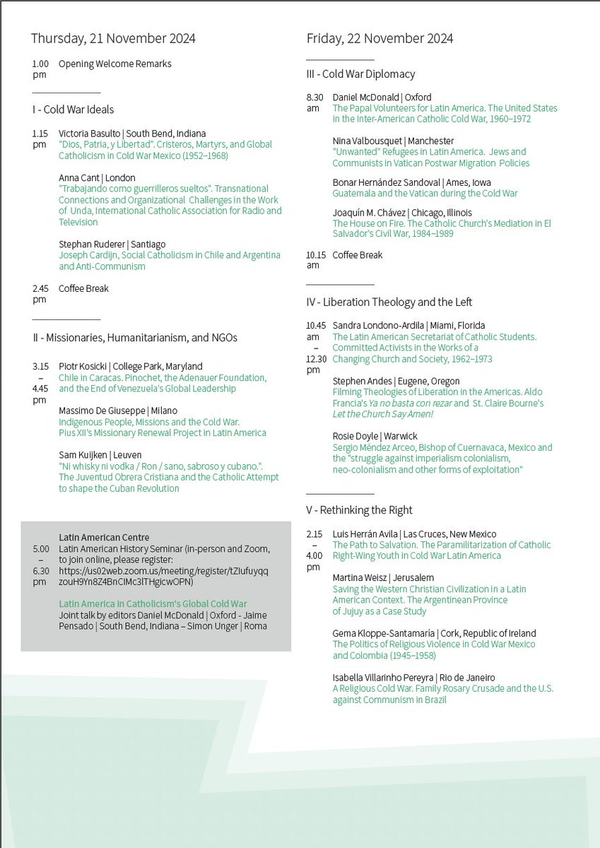 If you're in the neighborhood, come join us for the "Catholicism and the Cold War in Latin America" conference <a href="/UniofOxford/">University of Oxford</a> Nov. 21-22! Really excited to hear from this fantastic group of presenters. For those further afield, the <a href="/LACOxford/">LAC Oxford</a> history seminar has a zoom component.