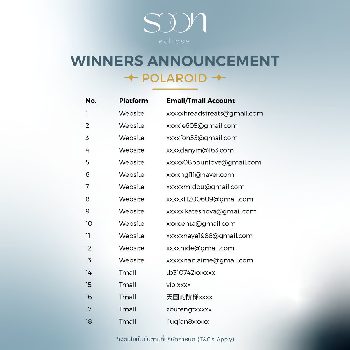 SoonEclipse's tweet image. Winners Announcement
✨Special Polaroid✨

รางวัล Polaroid ถูกจัดส่งแล้ว ท่านผู้โชคดีเตรียมรับ Polaroid สุดพิเศษได้เลย

#sooneclipse #bounpremxsooneclipse #bounprem #bb0un #prem_space