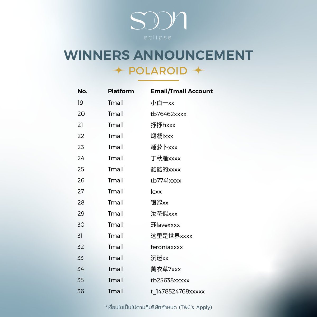 SoonEclipse's tweet image. Winners Announcement
✨Special Polaroid✨

รางวัล Polaroid ถูกจัดส่งแล้ว ท่านผู้โชคดีเตรียมรับ Polaroid สุดพิเศษได้เลย

#sooneclipse #bounpremxsooneclipse #bounprem #bb0un #prem_space