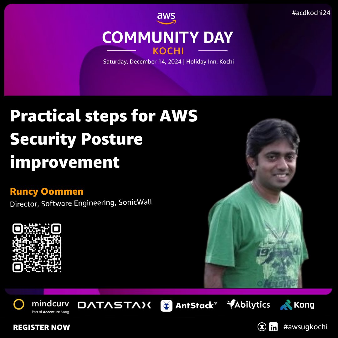 awsugkochi (@awsugkochi) on Twitter photo Excited to welcome <a href="/runcyoommen/">Runcy Oommen</a> , Director at SonicWall, to #acdkochi24!
๐
14 Dec 2024
๐ Holiday Inn, Cochin
๐๏ธ Register: communityday.awsugkochi.in
"Practical Steps for AWS Security Posture Improvement"
#aws #awsugkochi #cloudsecurity #acdkochi24 Excited to welcome <a href="/runcyoommen/">Runcy Oommen</a> , Director at SonicWall, to #acdkochi24!
๐
14 Dec 2024
๐ Holiday Inn, Cochin
๐๏ธ Register: communityday.awsugkochi.in
"Practical Steps for AWS Security Posture Improvement"
#aws #awsugkochi #cloudsecurity #acdkochi24