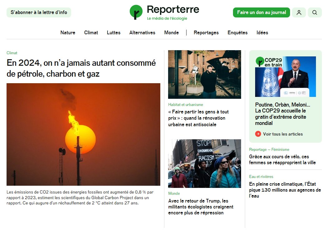 À lire aujourd'hui sur Reporterre.net : 

🔥En 2024, on n’a jamais autant consommé de pétrole, charbon et gaz <a href="/jeannecassard/">Jeanne Cassard</a> 

🇺🇸Avec le retour de Trump, les militants écologistes craignent encore plus de répression <a href="/Ed_Maille/">Maille Edward</a> 

🏠« Faire partir les gens à tout prix » :
