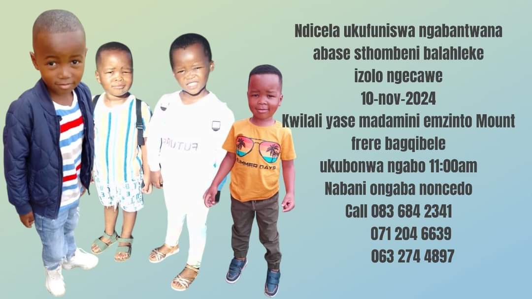 ThembisileQ21's tweet image. 📢🚨⚠️Missing kids alert ⚠️🚨 📢 

These kids have still not been found yet 💔😥

They were last seen on Sunday 10 November 2024 at Emadamini,  Mzinto Village in Mt Frere (KwaBhaca) 

If you have any information regarding this please contact Noncedo on 084 684 2341