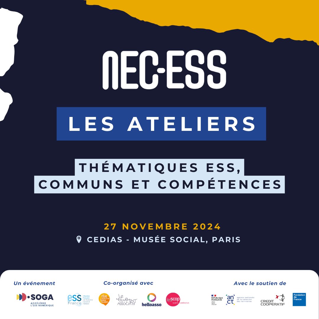 🚨 Participez à la journée d'ateliers #NECESS le 27 novembre 2024 à Paris, dédiée à approfondir vos connaissances et compétences sur les
données dans l'ESS.🔗Les inscriptions sont ouvertes : bit.ly/4eV3w8U