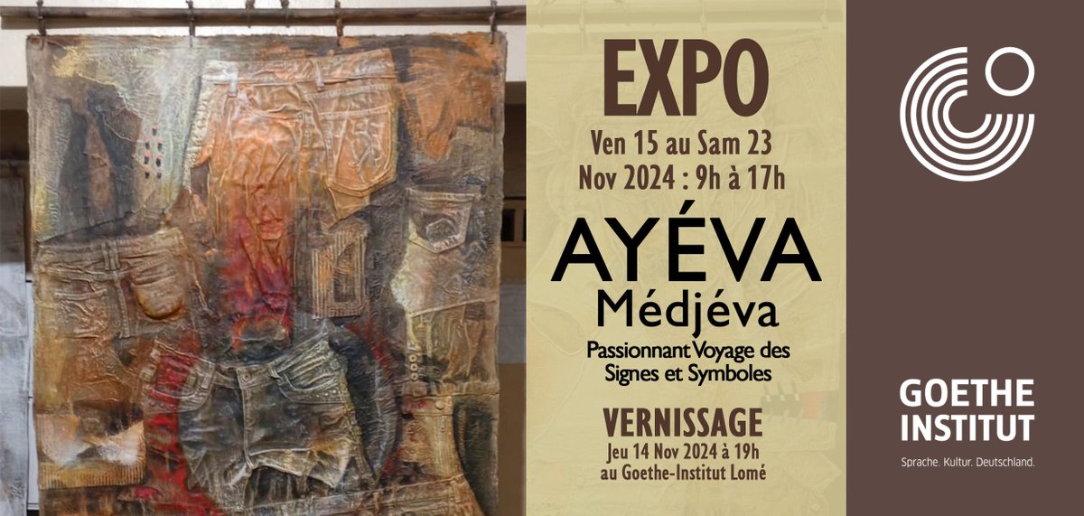 Nous vous invitons au vernissage d'une exposition spéciale de l'Artiste Ayéva Médjéva ce jeudi 14 novembre 2024 à partir de 19h au Goethe-Institut Lomé à Kokétimé.
L'exposition restera ouverte du 15 au 23 novembre 2024.
ENTRÉE LIBRE ET GRATUITE
#TGinfo #TgTwittos #TT228
