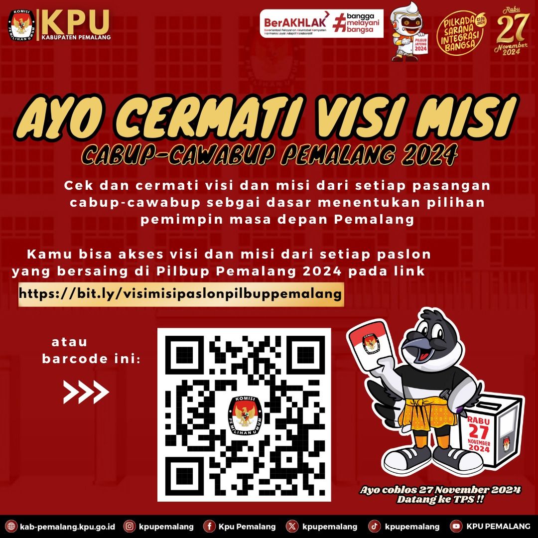 #Temanpemilih sudah siap nyoblos di Pilbup Pemalang, 27 November 2024? Pastikan kamu paham visi-misi dan program cabup-cawapub sebagai modal menentukan pilihan. Jangan sampai salah pilih. Coblos calon pemimpin yang terbaik untuk masa depan Pemalang.