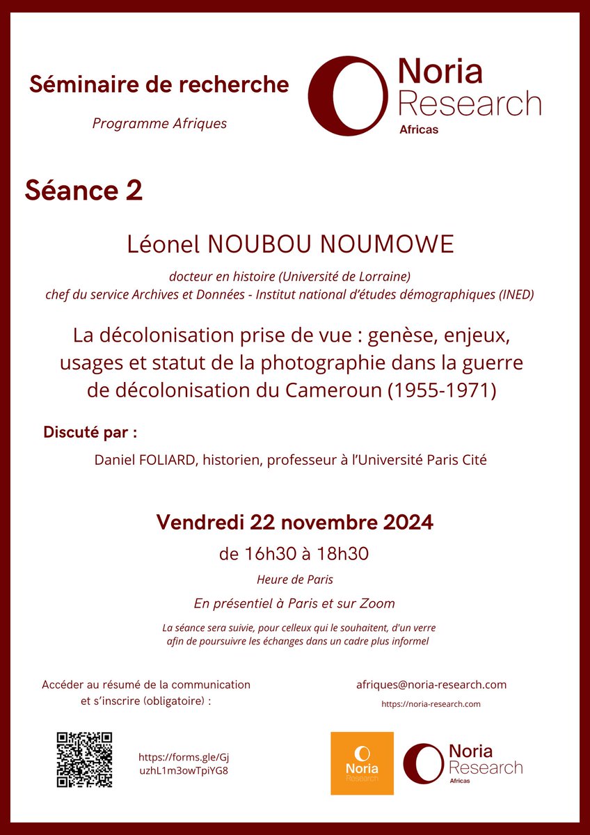 [📢 SÉMINAIRE x AFRIQUES]

Léonel Noubou Noumowe présentera ses travaux sur la décolonisation au #Cameroun
 Il sera discuté par Daniel Foliard

📅22/11/24
🕐16h30

 L'inscription est obligatoire (en présentiel ou sur Zoom) ➡️  forms.gle/GjuzhL1m3owTpi…