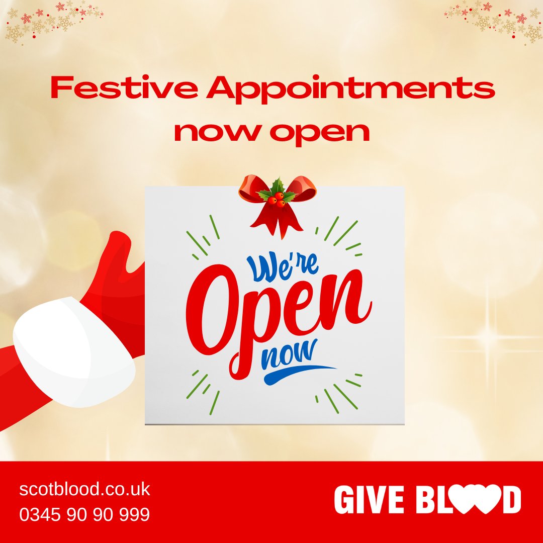 🎄🎄With just six weeks to go until Christmas, why not beat the rush and book your #festivedonation early? 🎄🎄
❤️ Visit scotblood.co.uk or call 0345 90 90 999. ❤️