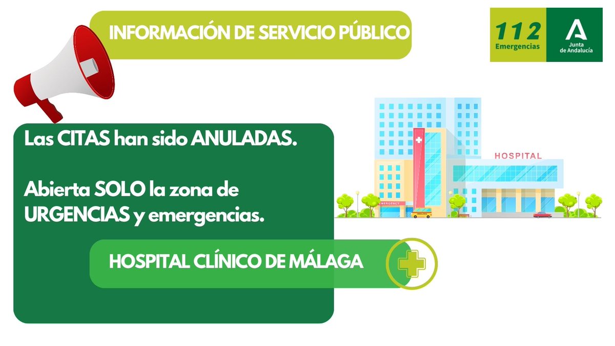 E112Andalucia's tweet photo. 📣Información de Servicio I El Hospital Clínico ha activado su Plan de Emergencias por Inundaciones. ➡️Solo va a permanecer operativa la zona de urgencias y emergencias. 
➡️La citas previstas se reprogramarán. https://t.co/ftnMmI0a8J