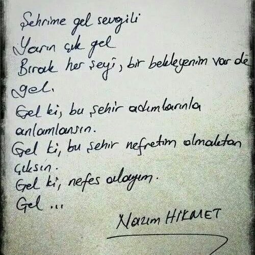 "şehrime gel sevgili
yarın çık gel
bırak her şeyi,
bir bekleyenim var de gel."

Nazım Hikmet